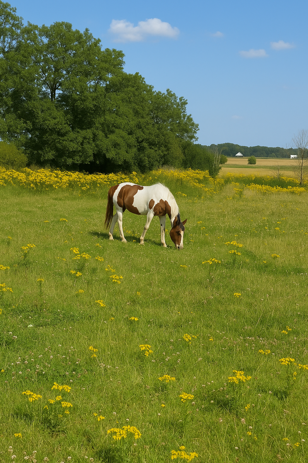 Horse in pasture with ragwort – toxic plant posing a serious risk to horses