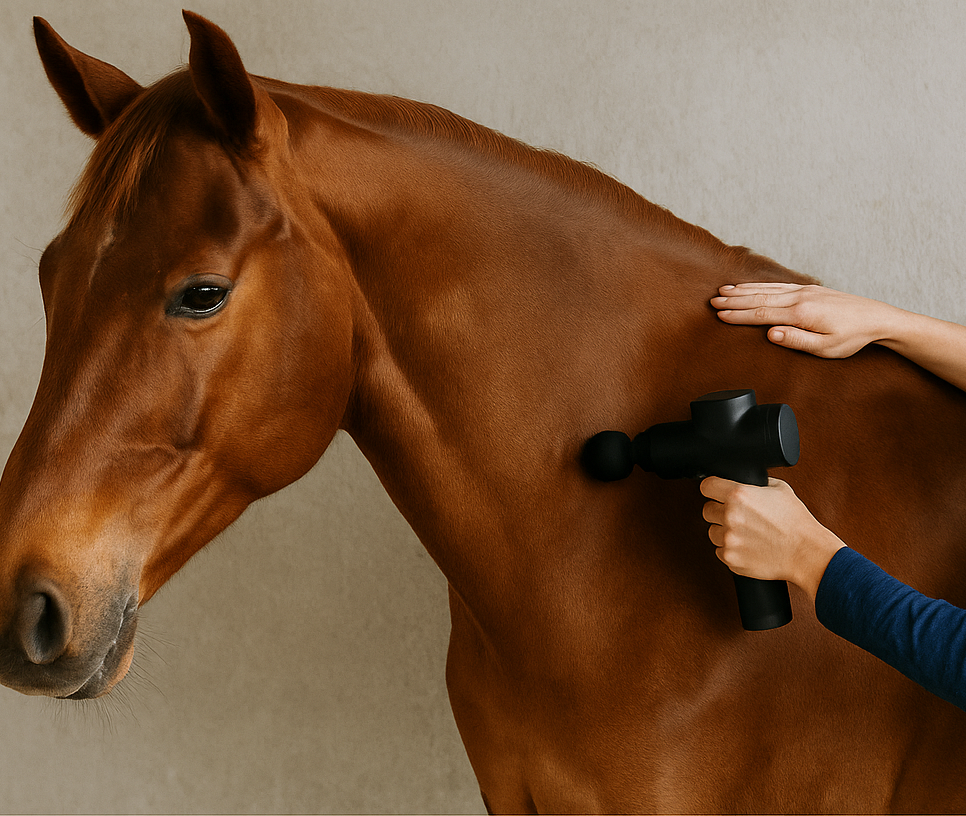 Pferd erhält eine sanfte Muskelmassage mit einer Massagepistole